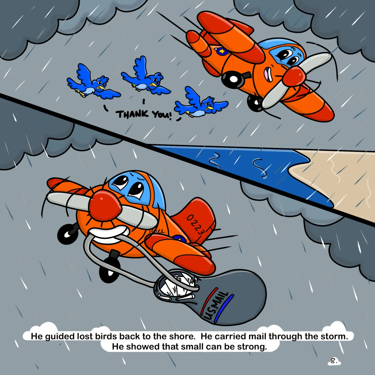 Original page 8: Ares helping birds and delivering mail